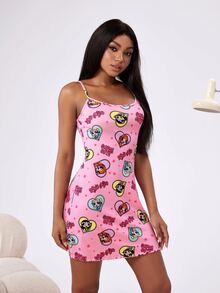 THE POWERPUFF GIRLS X SHEIN 女款卡通印花荷葉邊細肩帶睡裙 - 淺粉色 - 查看 3