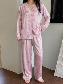 DAZY Floral Print Contrast Lace PJ Set - Dusty Purple - View 6