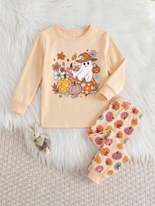 SHEIN Baby Girl Halloween Cartoon Graphic Pajamas Set - Pink - View 4