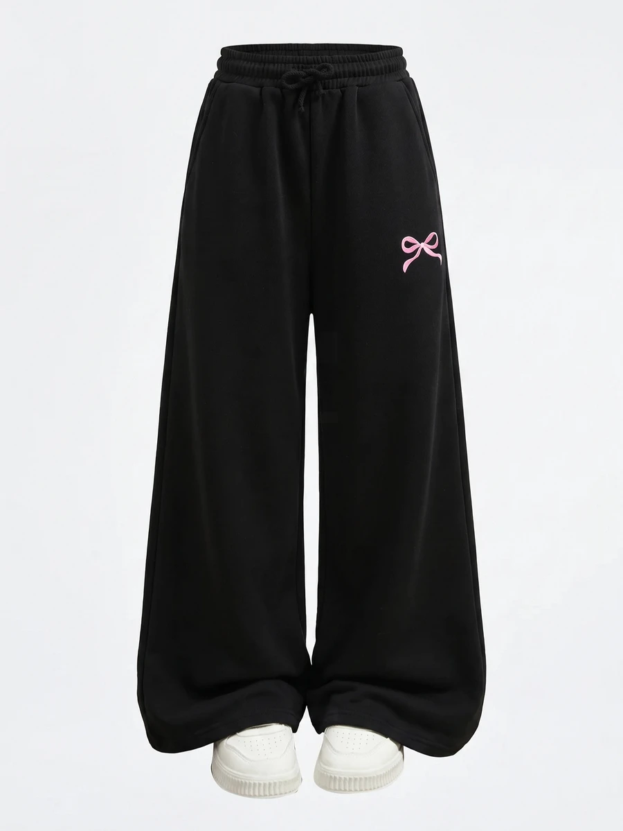 Tween Girl Knit Light Gray Loose Casual Versatile Drawstring Pocket Wide Leg Sweatpants - Multicolor - View 1