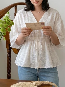 REIGN AVE Plaid Collar Cinched Waist Puff Short Sleeve Cropped Shirt - Apricot - View 6