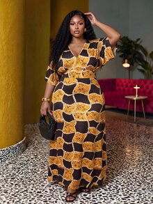 Slaydiva Plus Allover Print V Neck Dress Fall - Multicolor - View 9