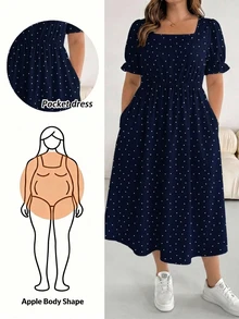 SHEIN Essnce Plus Polka Dot Print Puff Sleeve Dress - Navy Blue - View 1