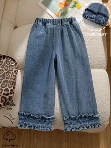 SHEIN Young Girls Elastic Waist Bow Embroidered Ruffle Hem Wide Leg Denim Jeans For Fall Winter Daily Casual Wear - Blue - View 2