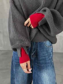 FRIFUL Sweater Kasual Longgar Lengan Panjang Model Bahu Jatuh untuk Wanita di Musim Dingin - Grey - View 5