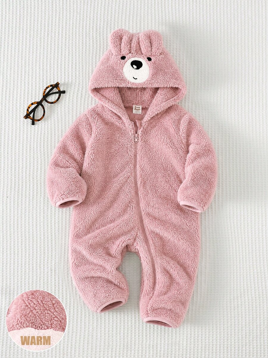 SHEIN Baby Girl Cartoon Pattern 3D Ear Design Long Sleeve Plush Hooded Winter Romper - Pink - View 1