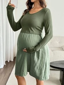 SHEIN Vestido de lactancia de maternidad con bloques de color y patchwork - Verde - Ver 5
