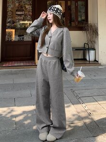 DAZY Women's Casual Cardigan Crop Top And Wide Leg Pants 2 Pieces Set Cute Tops - Grey - View 8