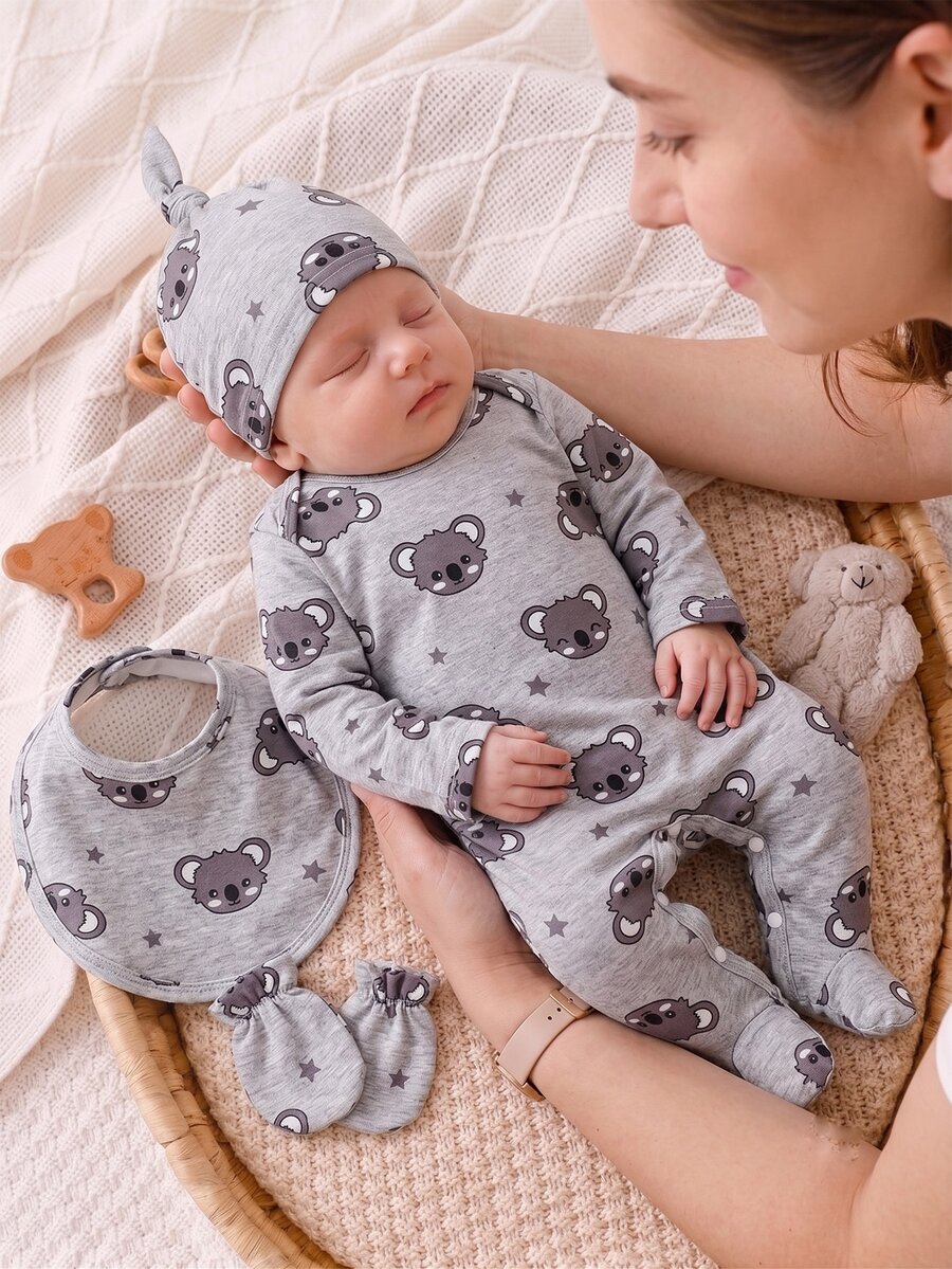 Conjunto de Pijama y Gorro con Estampado de Koala para Bebé Recién Nacido - Gris Claro - Ver 1