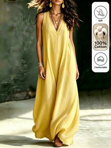 SHEIN LUNE CURVE Plus Solid V Neck Maxi Tank Dress - Yellow - View 6