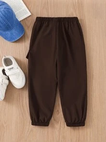 Young Boy Graphic Flap Pocket Side Drawstring Waist Cargo Pants - Brown - View 2