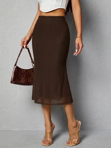 SHEIN PETITE Solid High Waist Mermaid Skirt - Brown - View 7