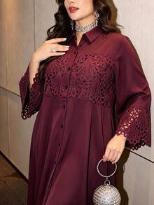 Al Najma Plus Contrast Guipure Lace Trumpet Sleeve Shirt Dress - Red Violet - View 2