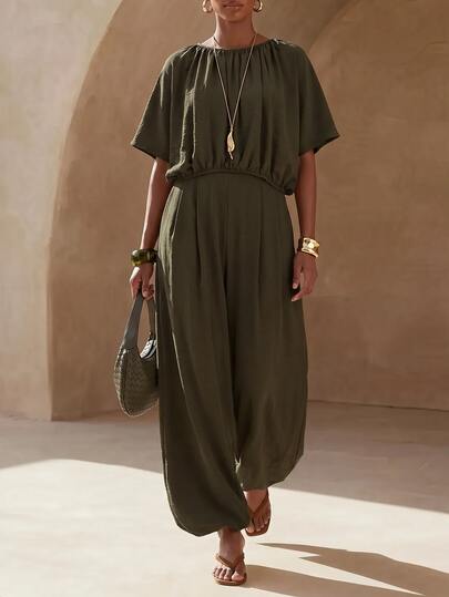 Zivah Solid Batwing Sleeve Top & Tapered Pants Set