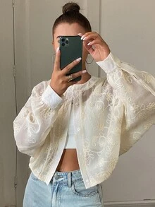 Livesso Tall Women's Round Neck Lace Loose Fit Vacation Style Cardigan - White - View 6