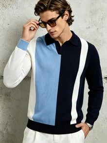 Manfinity Dauomo Men's Striped Long Sleeve Casual Turn Collar Sweater - Blue - View 4