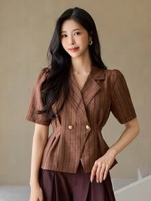 DAZY Women's Elegant Commute Striped Petal Sleeve Blouse - Coffee Brown - View 3