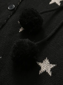 DreamSkyne Plus Size Halloween Allover Star Pattern Fringe Hem Pompom Drawstring Hooded Cape Cardigan Formal Date Night Black Autumn 1960s 1920s - Black - View 6