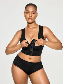 SHAPORA 1pc Plus Size Solid Color Front Button Shaping Top - Black - View 7