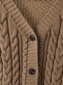 SHEIN Tween Girl Solid Drop Shoulder Cable Knit Cardigan - Brown - View 6