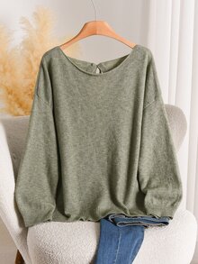 CosyJoli Women's Loose Knit Sweater With 3 Bows Hollow Out Design, Dropped Shoulder Lantern Sleeves, Autumn/Winter Top - Green - View 2