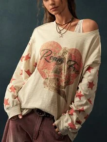 Bohemela Mermaid Star & Letter Graphic Drop Shoulder Oversize Tee - Apricot - View 4