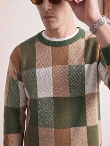 Manfinity CityGents Men Plaid Pattern Round Neck Sweater - Army Green - View 3