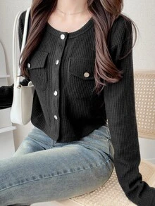 FRIFUL Mantel Musim Gugur dengan Detail Kancing Polos dan Penutup - Hitam - View 4