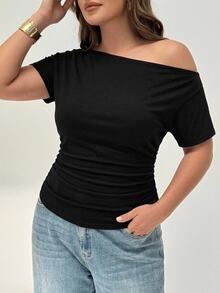 Shapeblank Plus Asymmetrical Neck Ruched Tee - Black - View 3