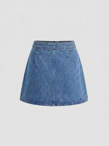 Slaydiva Plus Ruched Split Hem Denim Skirt Formal Date Night Blue Summer Casual Loose Fit - Black - View 2