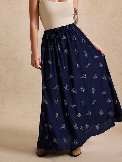 Écloséra Curve Plus Size Women's Vintage Faux Linen Full White Floral Embroidered High Waist Long A-Line Skirt, Suitable For Spring/Autumn Commute And Travel