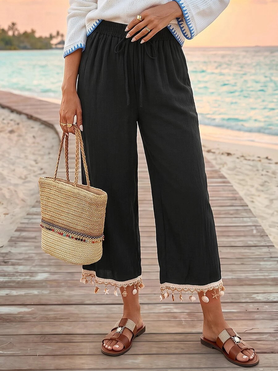 Sylviya Contrast Tape Hem Drawstring Waist Wide Leg Pants - Black - View 1