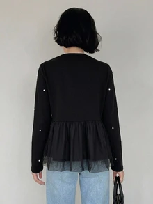 FRIFUL Pearls Beaded Mesh Peplum Hem Tee - Black - View 2