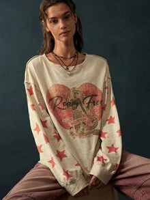 Bohemela Mermaid Star & Letter Graphic Drop Shoulder Oversize Tee - Apricot - View 2