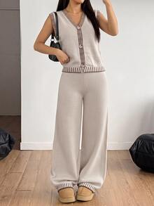 SHEIN 棕色條紋飾邊鈕扣前開針織背心與長褲套裝，早午餐秋季休閒風 - 灰色 - 查看 1