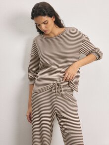 Ocili Striped Print Drop Shoulder Lounge Top - Khaki - View 6