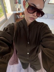 DAZY Jaket Denim Kancing Depan Polos, Set Celana Jeans Kaki Lebar, Cocok untuk Makan Siang Musim Gugur, Cokelat Tua, Pakaian Kasual, Streetwear - Coklat - View 8