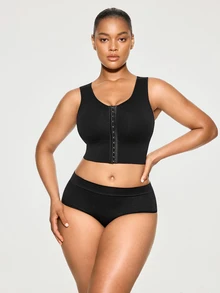 SHAPORA 1pc Plus Size Solid Color Front Button Shaping Top - Black - View 3