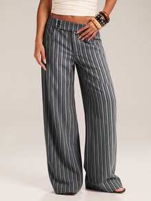 SHEIN BAE Fall& Winter Striped Print Wide Leg Pants Elegant - Multicolor - View 4