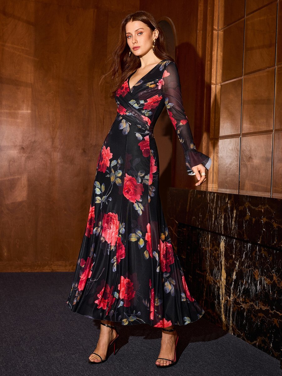 MOTF PREMIUM WOMEN'S AUTUMN ELASTIC MESH PRINTED STRUCTURAL DESIGN A-LINE LONG DRESS - Multicolor - View 1