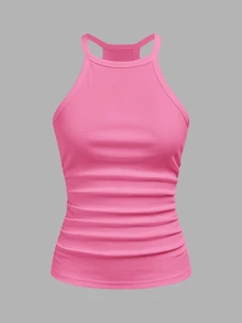 Slaydiva 2026 Primavera/Verano Nuevo Casual Básico Versátil Blanco Liso Acanalado Cuello Redondo Espalda de Corredor - Rosa vieja - Ver 3
