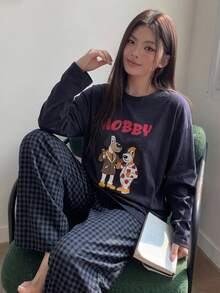 Dazy Plus 可愛卡通印花寬鬆短袖上衣與格紋長褲女款大尺碼家居服套裝 春夏睡衣套裝 - 藏蓝色 - 查看 4