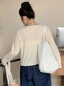 Dazy Plus 女童小圓點圓領鈕扣開襟長袖休閒針織外套，春秋款 - 杏色 - 查看 5