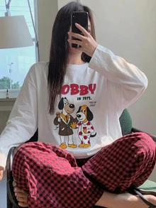 Dazy Plus 可愛卡通印花寬鬆短袖上衣與格紋長褲女款大尺碼居家休閒服 春夏睡衣套裝 - 白色 - 查看 1
