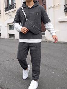 SHEIN 3件組買2送1兒童青少年男孩休閒運動提花布假兩件式連帽衛衣與慢跑褲套裝，灰色衛衣套裝，基礎上衣，適合秋冬、學校、家庭聚會、度假、派對，秋季穿搭，冬季穿搭 - 彩色 - 查看 1