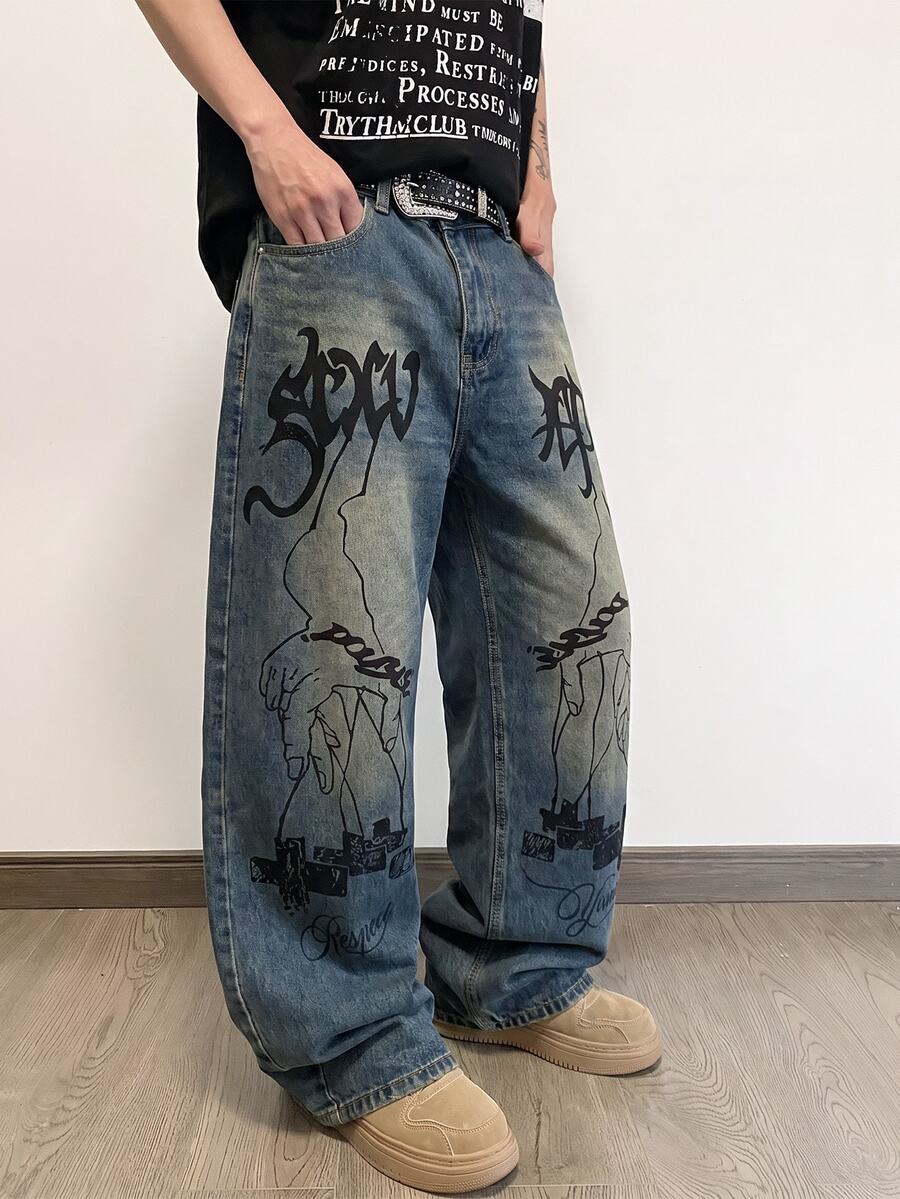 STEELVANCE Men Letter Graphic Washed Straight Leg Jeans - Light Wash - View 1