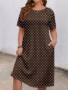 EMERY ROSE Plus Polka Dot Print Hidden Pocket Dress - Brown - View 3