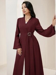 Veilorie Solid Metal Buckle Belted Abaya - Burgundy - View 6