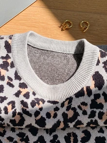 Comfortcana Women Knit Tops Travel Grey Leopard Print Retro - Grey - View 5