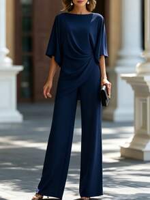 SHEIN LUNE Solid Color Side Twisted Decor Boat Neck Batwing Short Sleeve 2 Pieces Set, Draped Wide Leg Pants Outfit For Business Commute, Party, Gathering, Daily Wear And Holiday - Blue - View 1